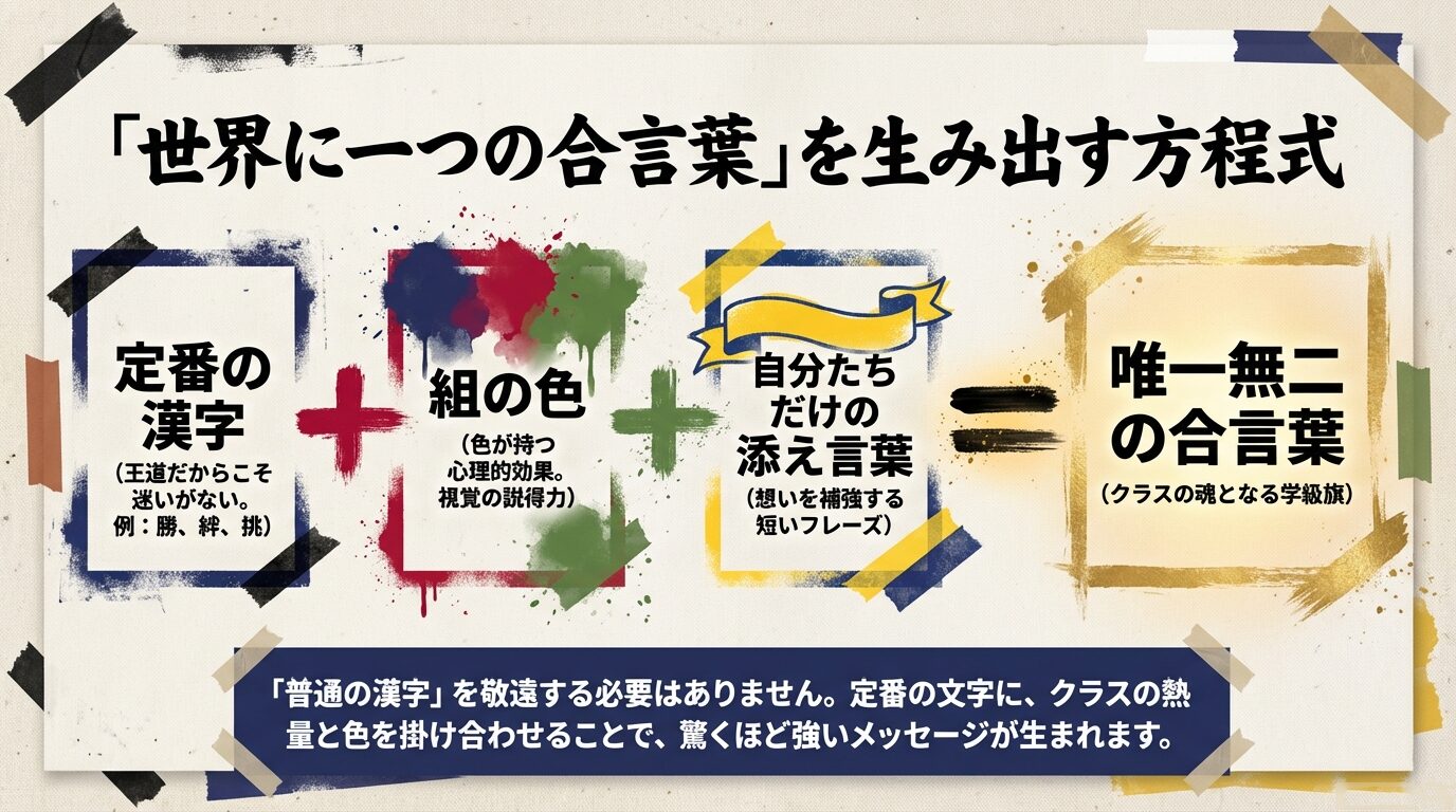 定番の漢字に組の色と添え言葉(サブタイトル)を掛け合わせることで、クラスの魂となる学級旗が生まれることを示す概念図。