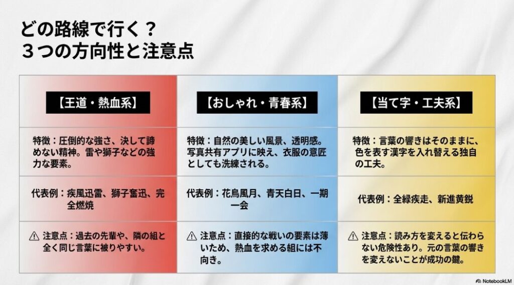 体育祭スローガン四字熟語の3つの方向性。王道熱血系、おしゃれ青春系、当て字工夫系の特徴と注意点