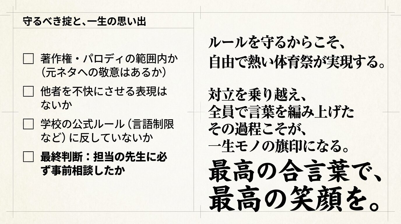 著作権・パロディの範囲、他者への配慮、学校の公式ルール、先生への事前相談など、スローガンを決定・制作する前に確認すべき4つのチェックポイントがリストアップされている。