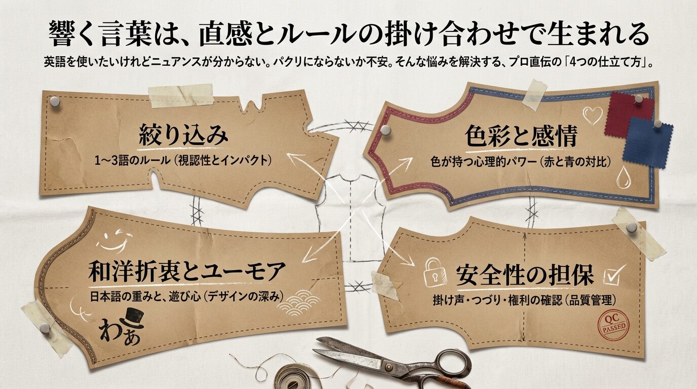響く言葉を生み出すための「絞り込み」「色彩と感情」「和洋折衷とユーモア」「安全性の担保」という4つのルールを説明するスライド