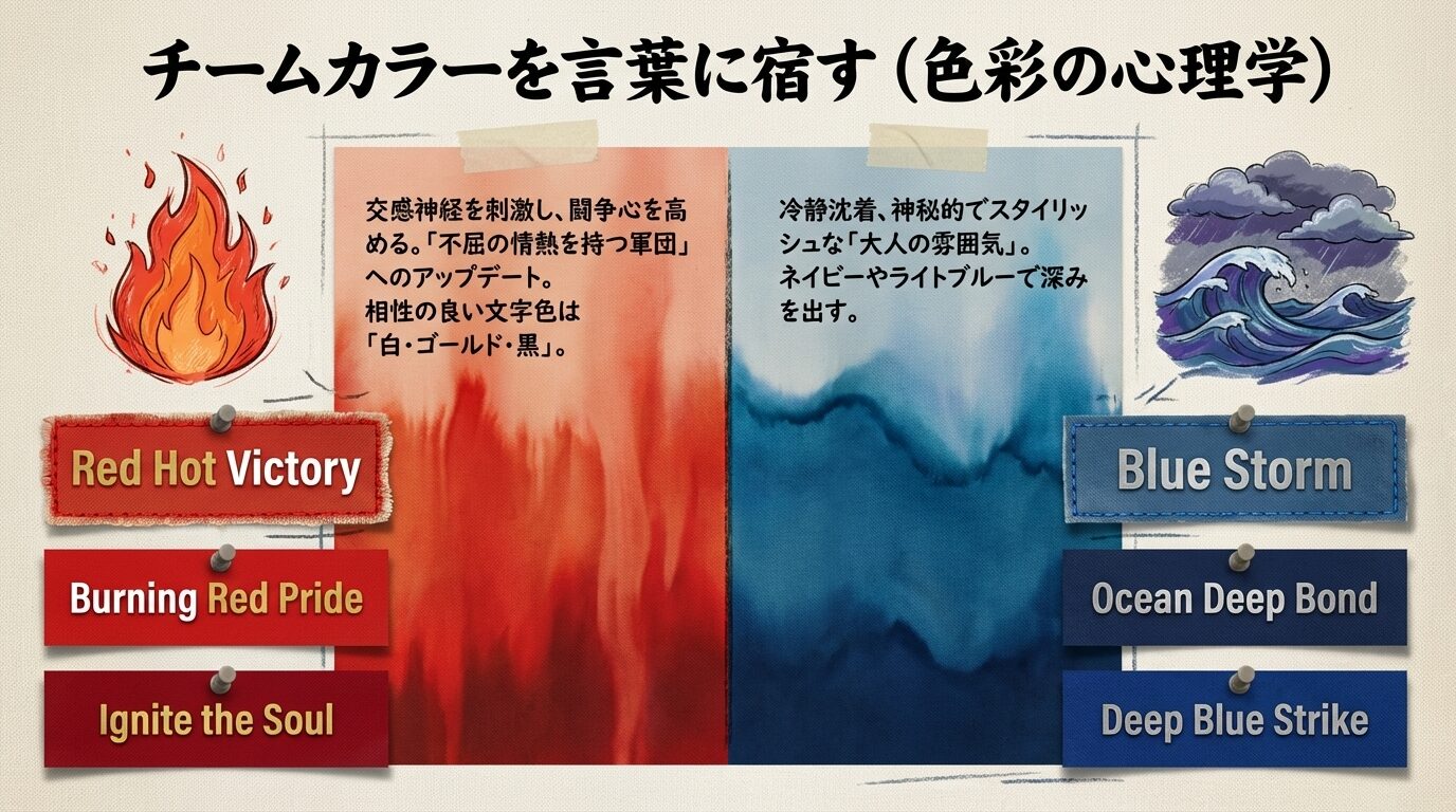 赤組（情熱・闘争心）と青組（冷静・スタイリッシュ）の色彩心理と、それぞれの色に適した英語フレーズ例