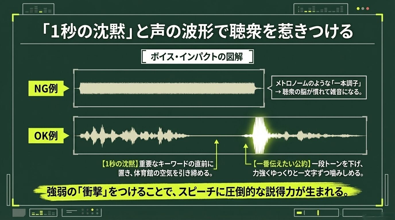 声の波形図を用いた比較。一本調子な「NG例」に対し、重要な言葉の前の沈黙や、公約でのトーンの変化をつけた「OK例」を解説するボイス・インパクトの図解。