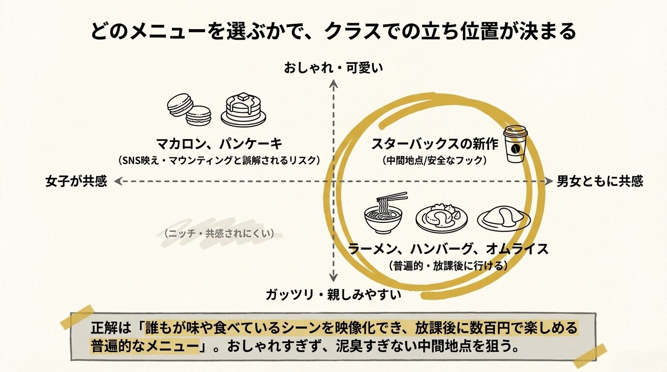 おしゃれ度と親しみやすさで分類されたメニュー分布図。放課後に誘いやすい普遍的なメニュー選びを推奨。