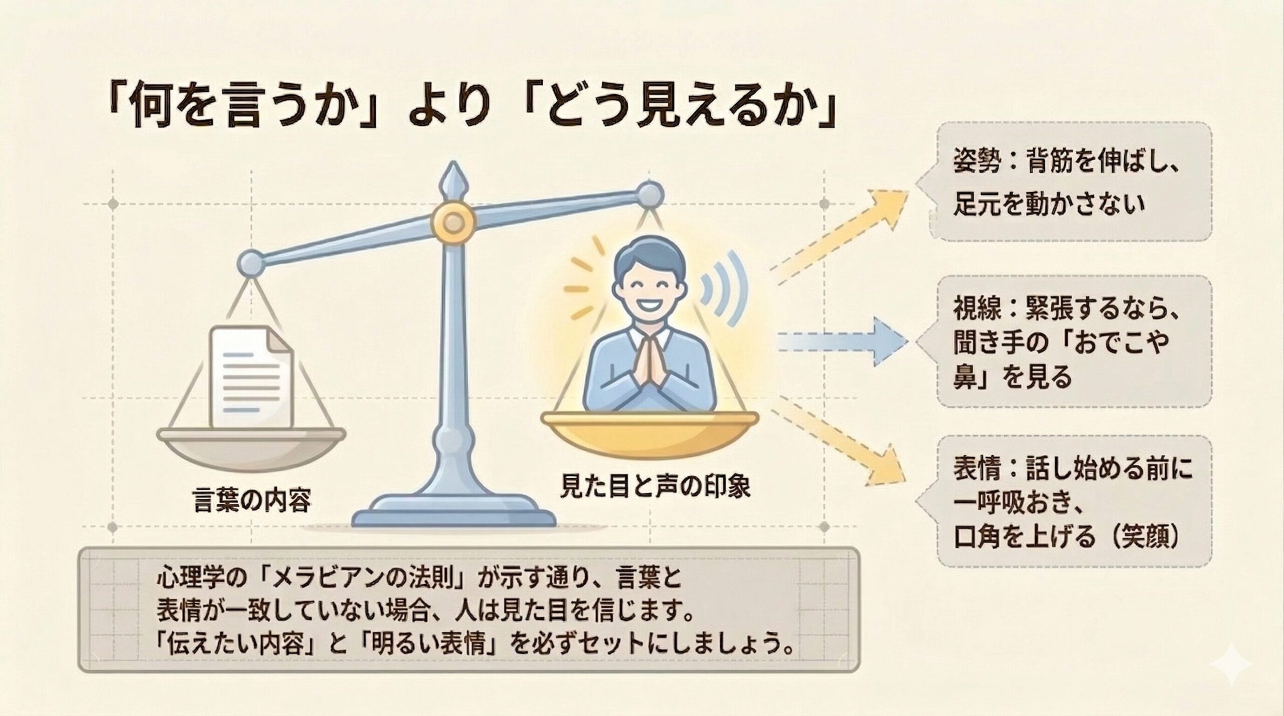 言葉の内容よりも見た目と声の印象が優先されることを示し、姿勢・視線・笑顔のポイントをまとめた解説スライド。