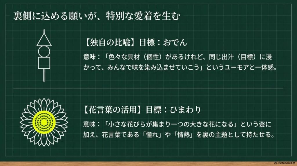 ひまわりのイラストと共に、「おでん」や「ひまわり」といった言葉の裏側に、どのような独自の願いや花言葉が込められているかを解説しているスライド 。