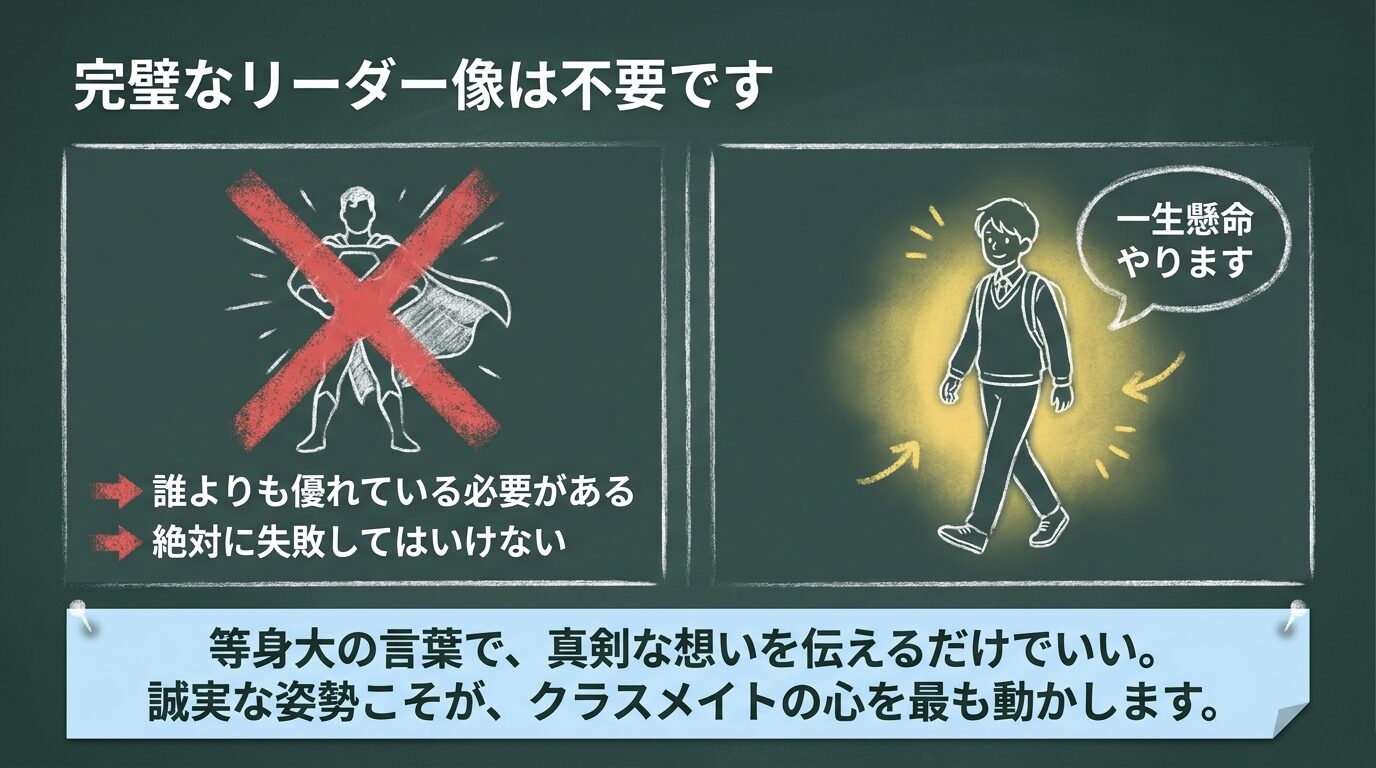 「完璧なリーダー像は不要です」というメッセージとともに、誰よりも優れている必要はなく、等身大の言葉で誠実な想いを伝えることが大切であることを説くスライド。
