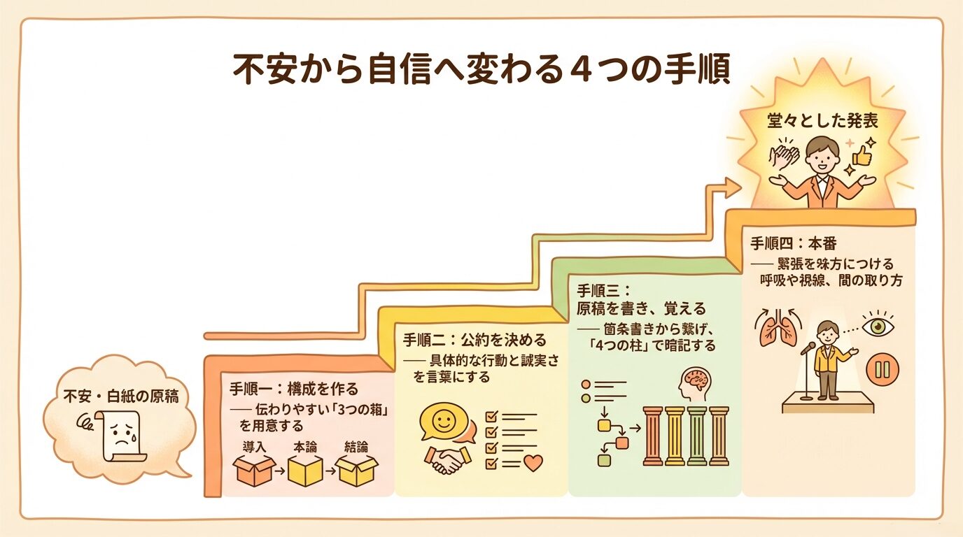 不安な状態から「構成を作る」「公約を決める」「原稿を書く・覚える」「本番」という4つのステップを経て、堂々とした発表に至るまでの流れを示したイラスト。