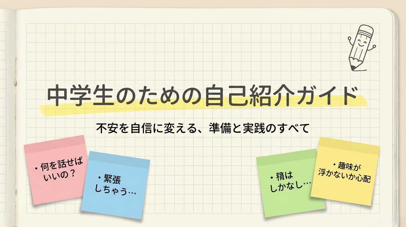 中学生のための自己紹介ガイド。何を話せばいいの？不安を自信に変える準備と実践のすべてを解説するスライド表紙。