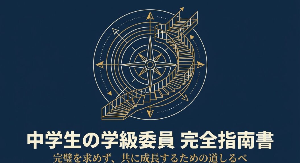 コンパスと階段が描かれた、中学生の学級委員完全指南書の表紙スライド