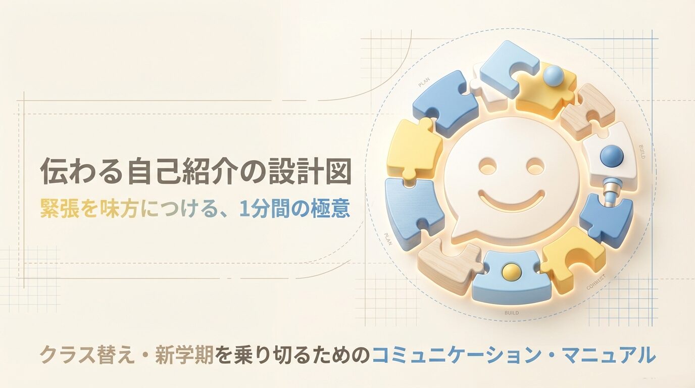 笑顔のアイコンを中心に、PLAN、PLAY、BUILD、COMMITのパズルピースが並ぶ「伝わる自己紹介の設計図」の表紙スライド。