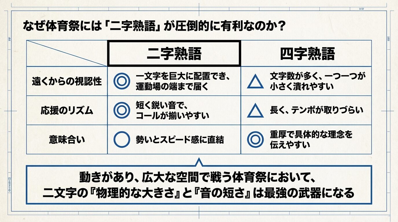 二字熟語と四字熟語を比較した表。二字熟語は「一文字を巨大に配置でき、運動場の端まで届く」「短く鋭い音でコールが揃いやすい」というメリットが示されている。