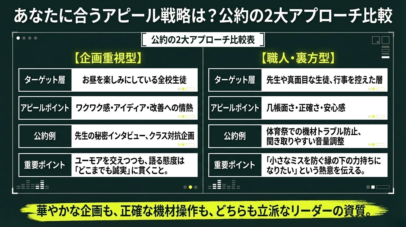 「企画重視型」と「職人・裏方型」の2つの戦略を比較した表。ターゲット層、アピールポイント、公約例、重要ポイントが整理されている。