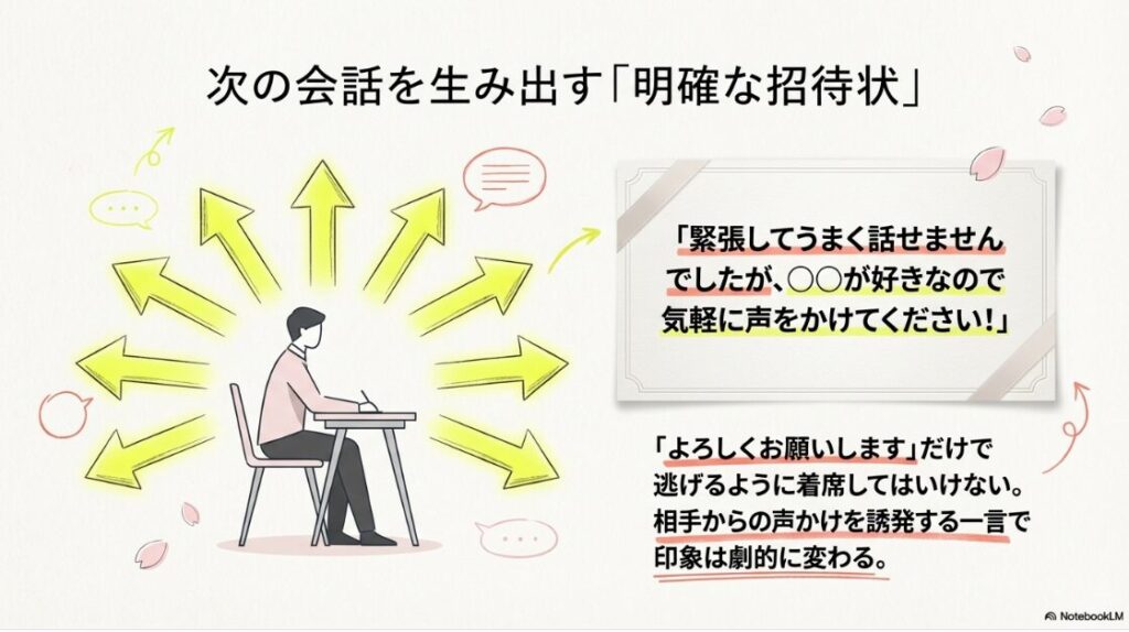 よろしくお願いしますだけで終わらず、気軽に声をかけてくださいと伝えることで相手からの声かけを誘発するテクニック