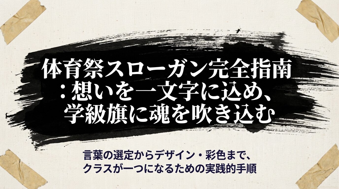 「体育祭スローガン完全指南」という大きなタイトルと、「言葉の選定からデザイン・彩色まで、クラスが一つになるための実践的手順」というキャッチコピーが書かれた、学級旗づくりのガイドスライド。
