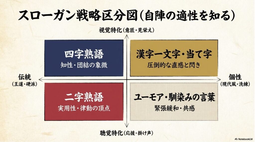 四字熟語、二字熟語、当て字、ユーモアなどを伝統や個性などの軸で分類したスローガン戦略区分図