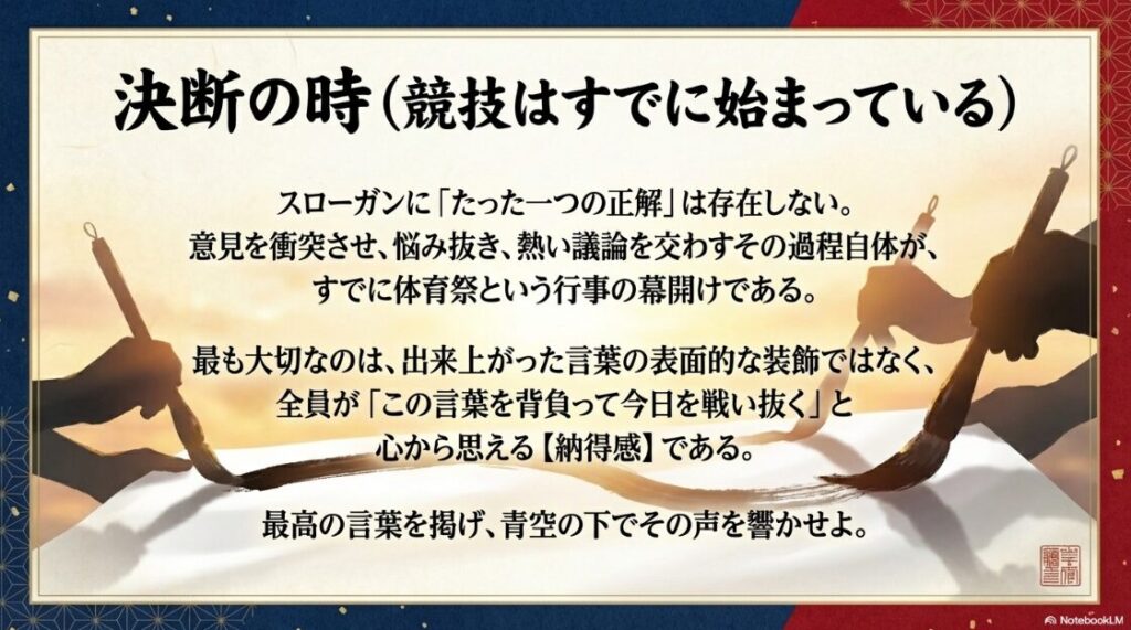 スローガン決めに正解はなく、全員の納得感が大切であることを伝えるメッセージ画像