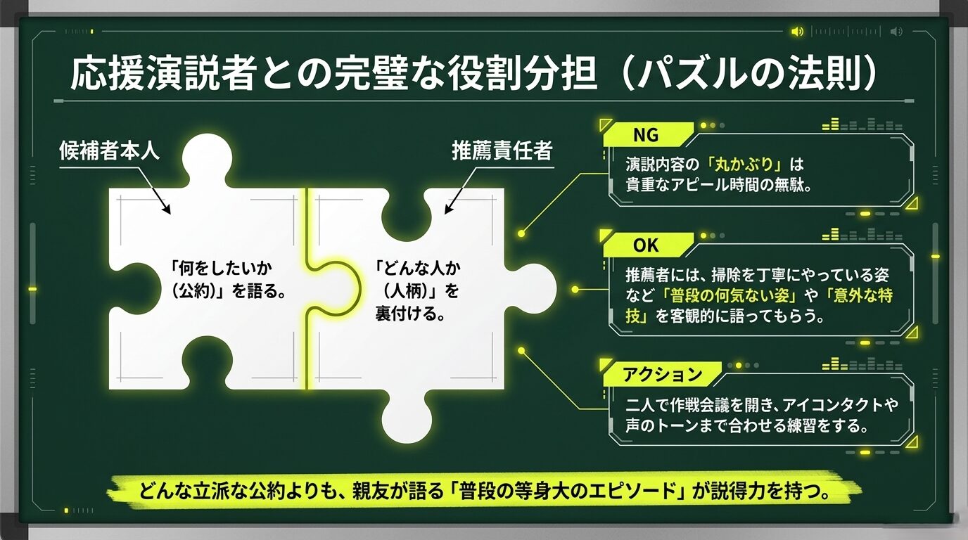 候補者（公約を語る）と推薦責任者（人柄を裏付ける）がパズルのピースのように組み合わさる図解。内容の丸かぶりを避け、客観的なエピソードを話してもらうコツ。