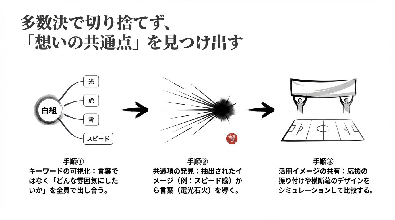白組のイメージからキーワードを出し合い、共通項を見つけ、実際の活用シーンをシミュレーションする決定手順の図解。