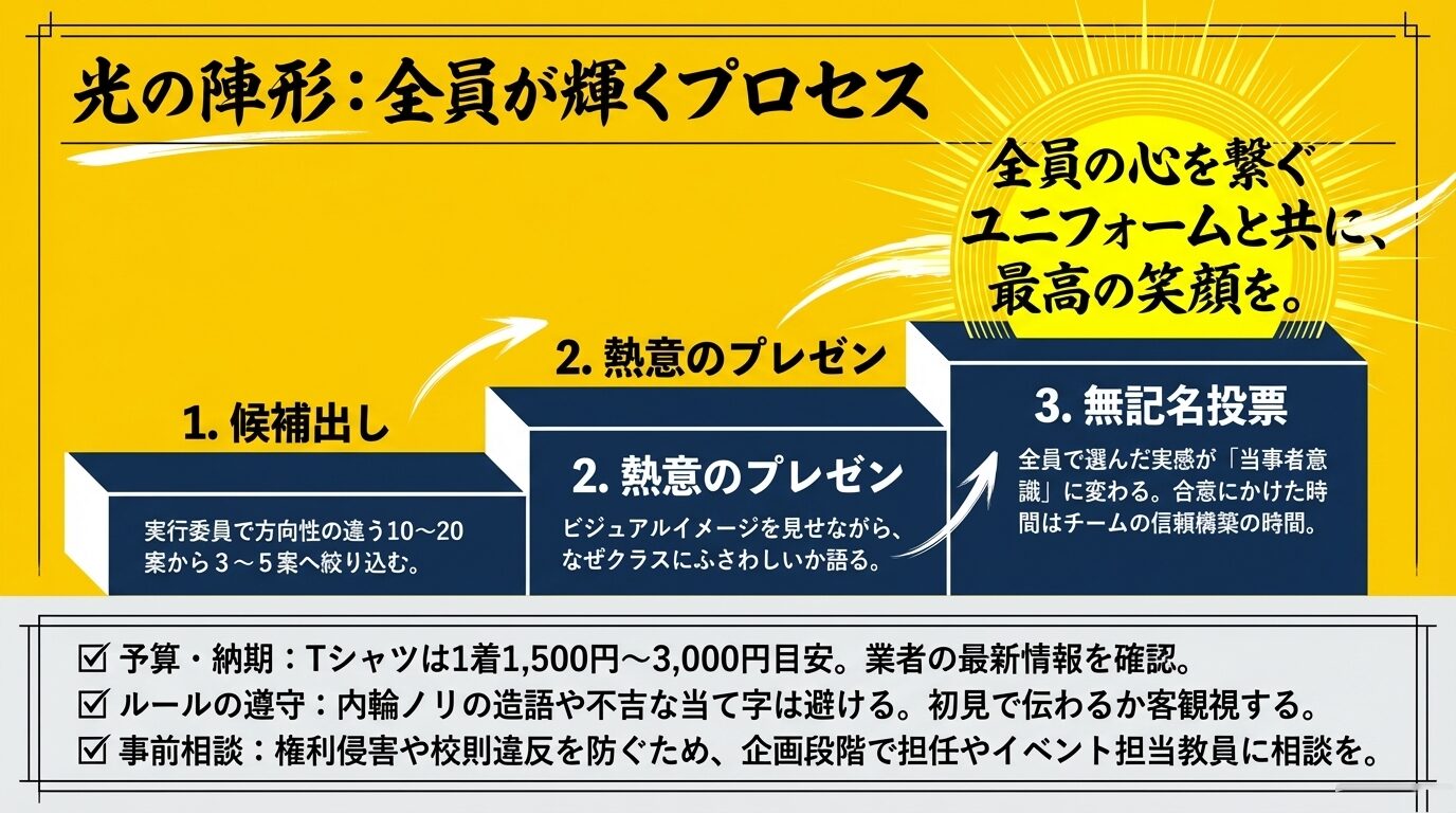 候補出し、熱意のプレゼン、無記名投票という、クラス全員の当事者意識を高めるための3つのステップ。