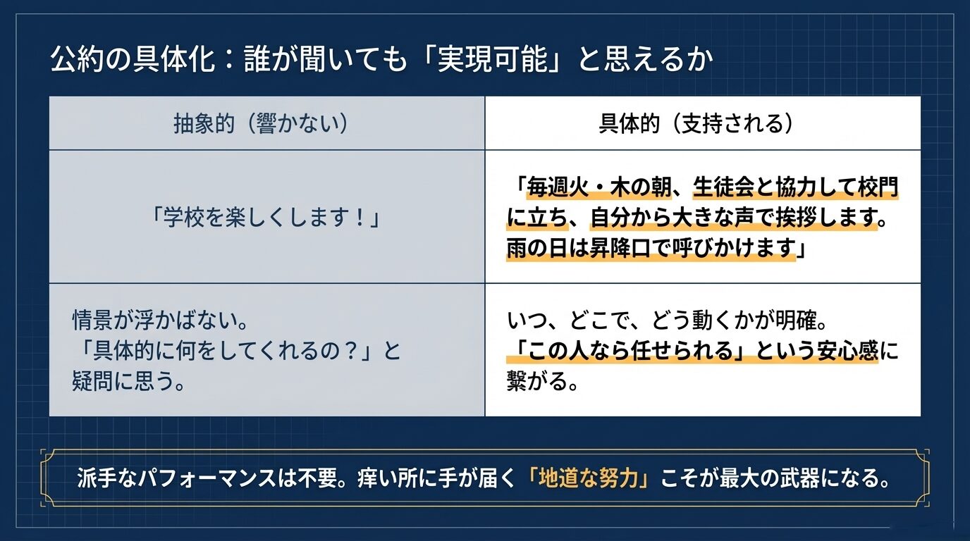 「学校を楽しくします」という抽象的な例と、「毎週火・木の朝に校門で挨拶します」という具体的な例を比較した表。