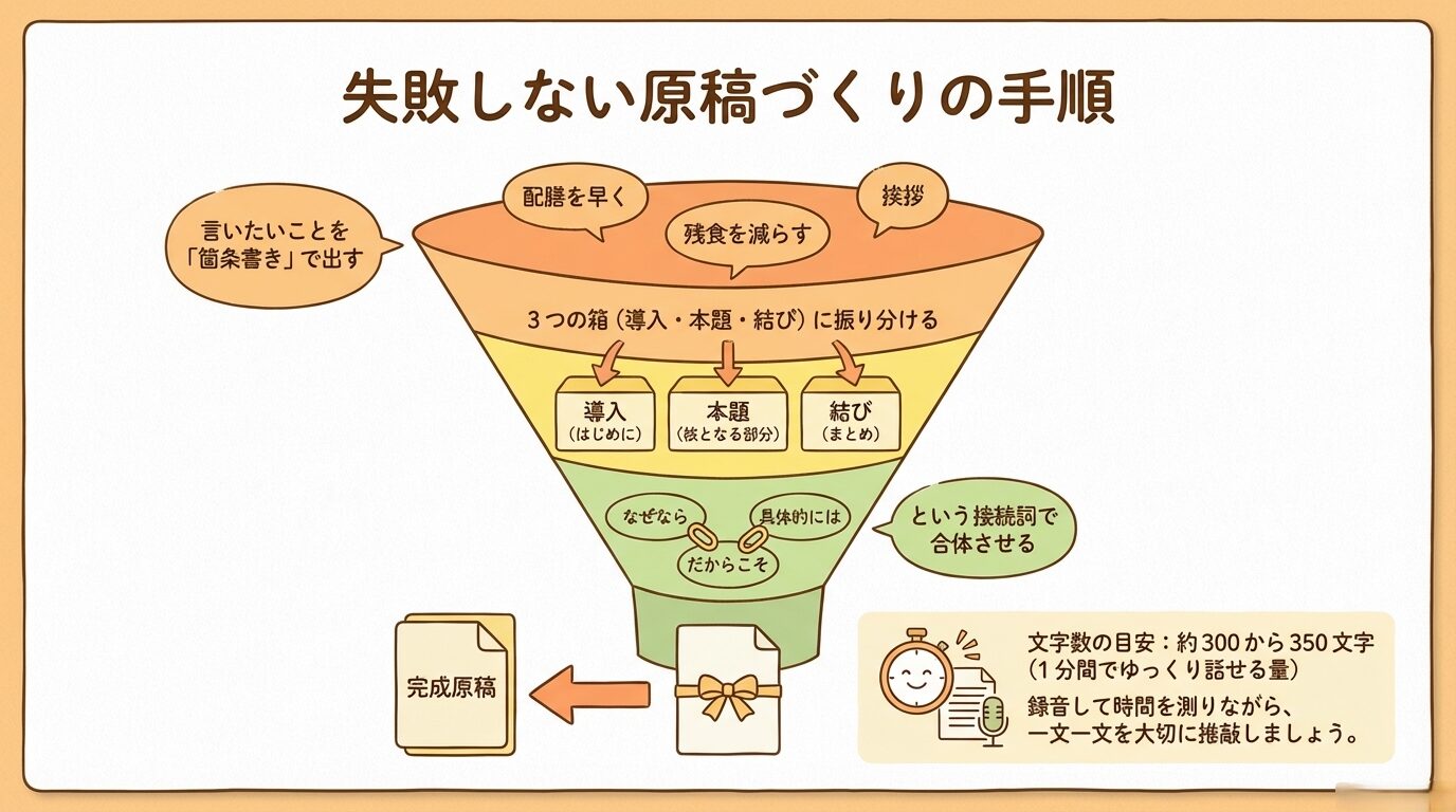 箇条書きから「3つの箱」への振り分け、接続詞での結合、文字数（300〜350文字）の確認、音読練習までの手順を示した図。