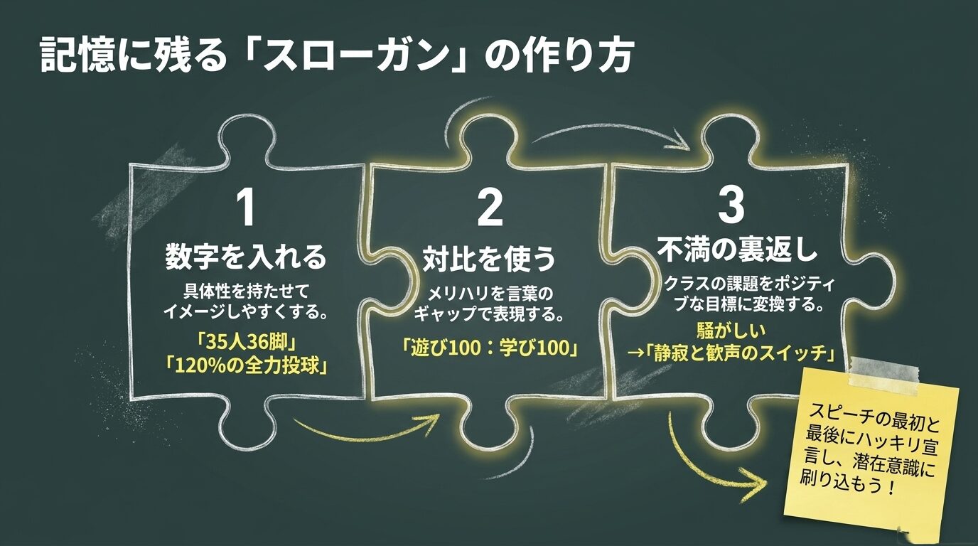 スローガンに「数字を入れる」「対比を使う」「不満の裏返し」という3つの手法を、具体例（35人36脚、遊び100：学び100、静寂と歓声のスイッチ）とともに解説したパズル状のデザインのスライド。