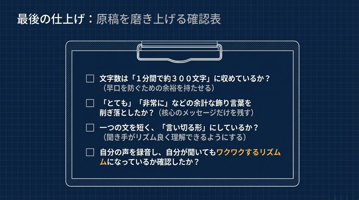 文字数(1分300文字)、飾り言葉の削除、一文を短くする、録音確認の4項目を記したチェックリスト。