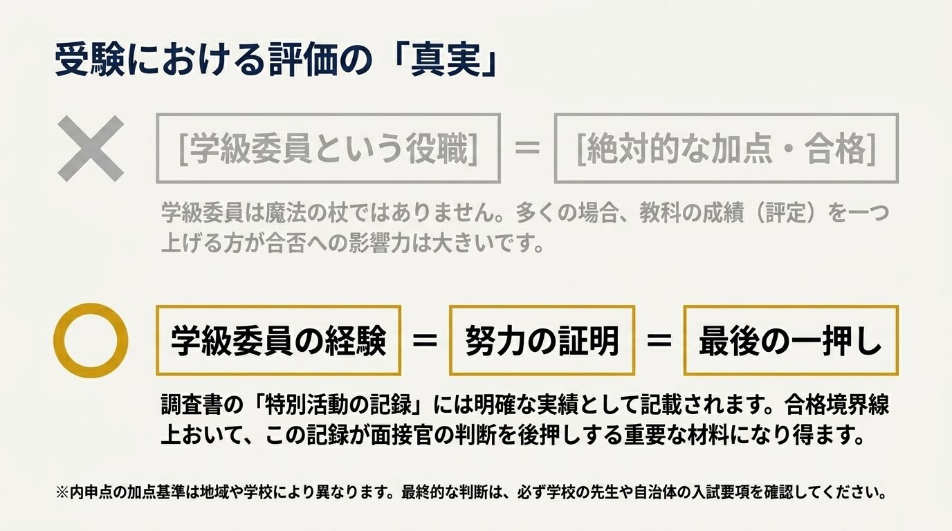 「学級委員＝絶対的な合格」ではないことを示す×印と、合格境界線上での「最後の一押し」になることを示す図。教科の成績を上げる方が影響が大きいという現実も補足されている。