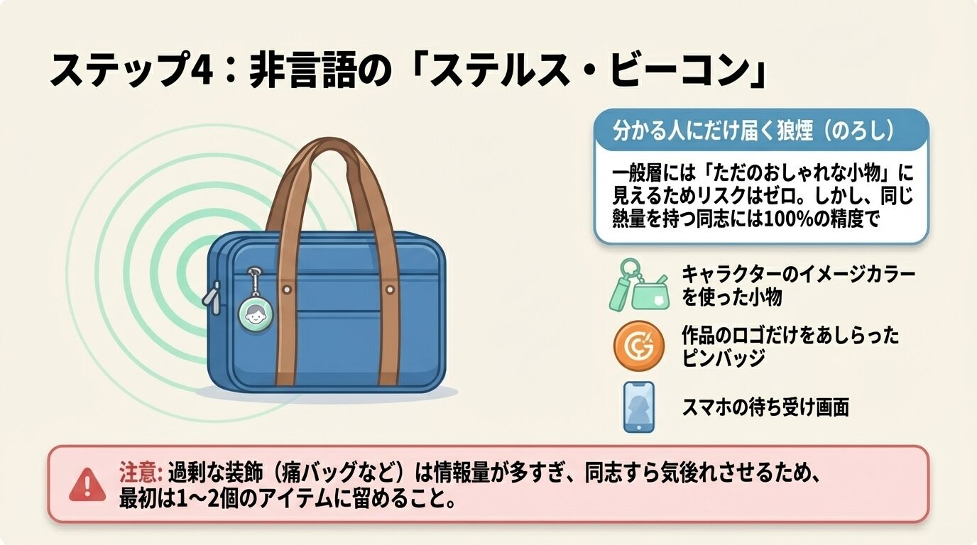 通学カバンに付けたさりげないピンバッジから電波（ビーコン）が出ているイラスト。イメージカラーの小物や待ち受け画面など、分かる人にだけ伝わるサインの例を提示。