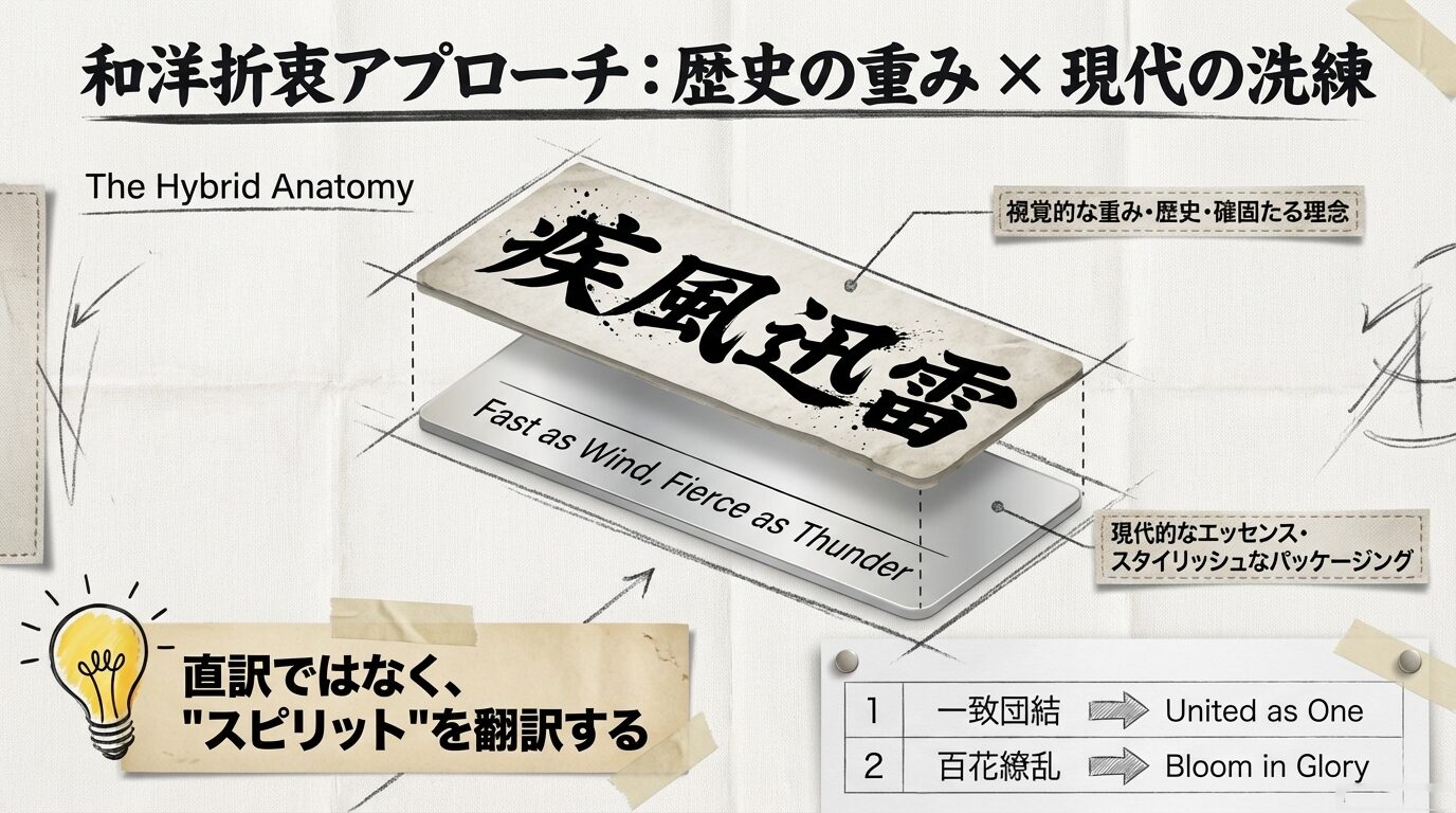 漢字の視覚的な重みと英語のスタイリッシュさを組み合わせる手法。「疾風迅雷」を例にしたスピリットの翻訳解説