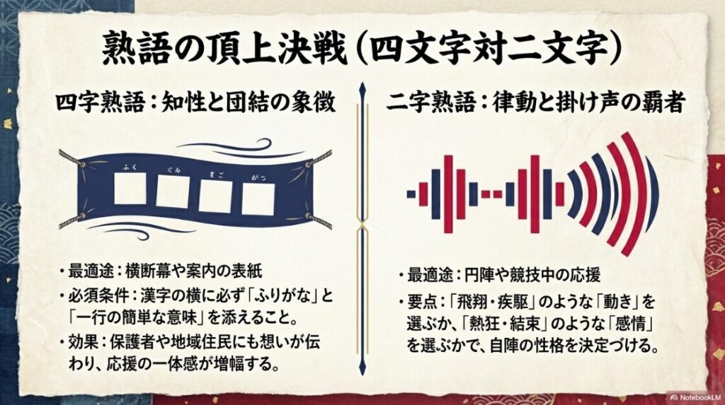 四文字熟語と二文字熟語の役割や特徴を比較した横断幕の図解