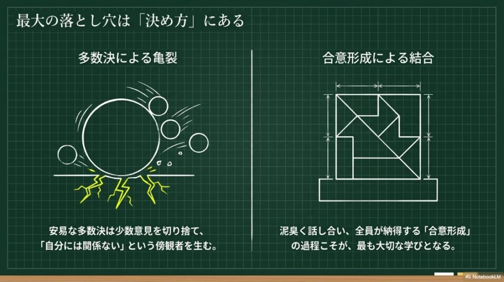 安易な多数決は少数意見を切り捨てて傍観者を生むのに対し、全員が納得する合意形成の過程こそが大切であることを、タングラム(図形パズル)を用いて表現した図