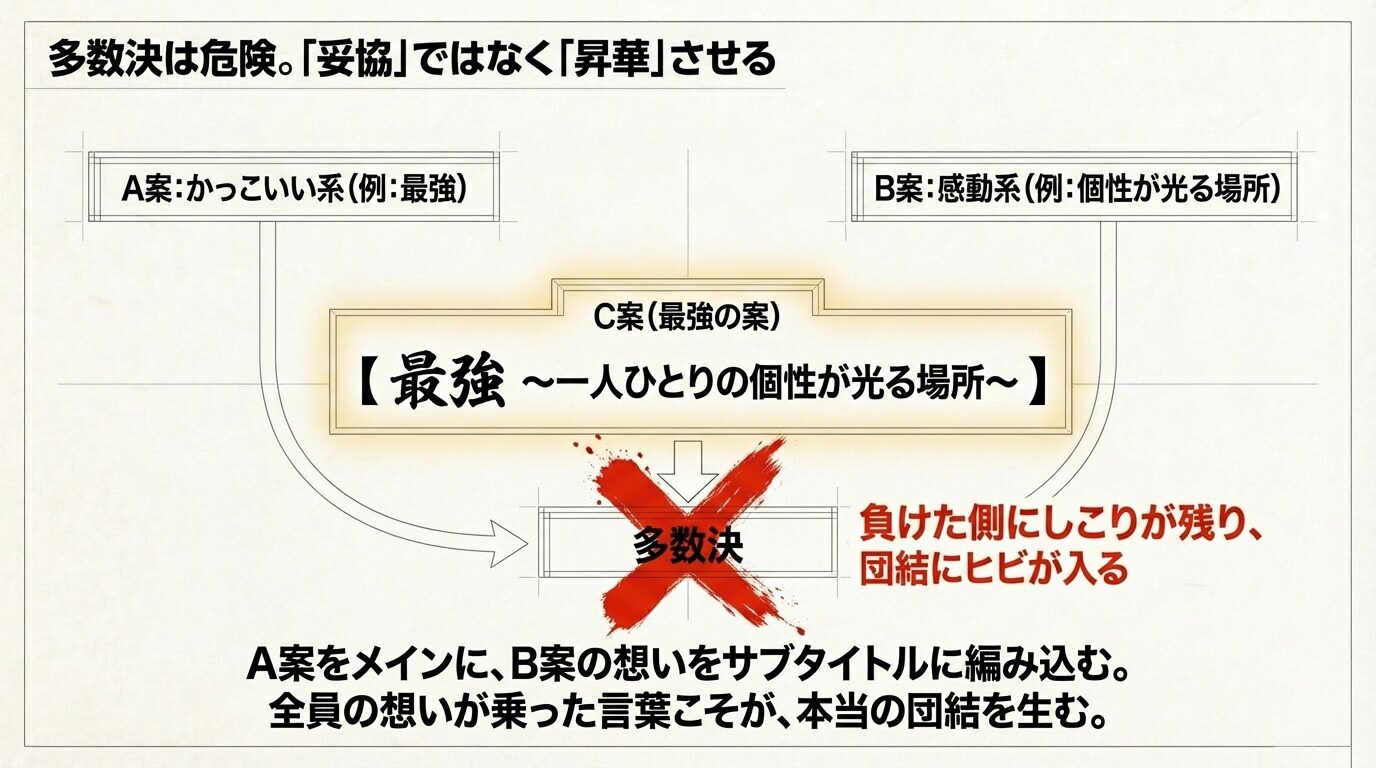 多数決が団結にヒビを入れるリスクを説明し、A案（かっこいい系）をメインに据えつつ、B案（感動系）の想いをサブタイトルに編み込む「昇華」のプロセスを解説した図。
