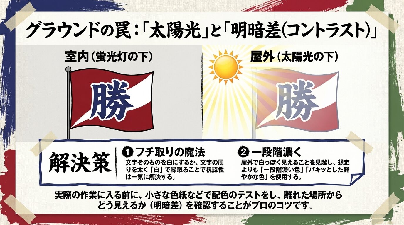 室内と屋外での見え方の違いを示し、文字を白で太く縁取ることや、一段階濃い色を使用することで視認性を解決する方法を示した図。