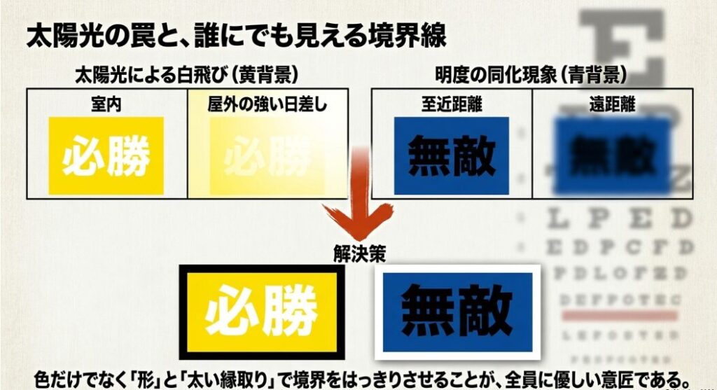 太陽光による白飛び現象（黄背景）や 、明度の同化現象（青背景）の解説と 、色だけでなく形と太い縁取りで境界をはっきりさせる解決策の図
