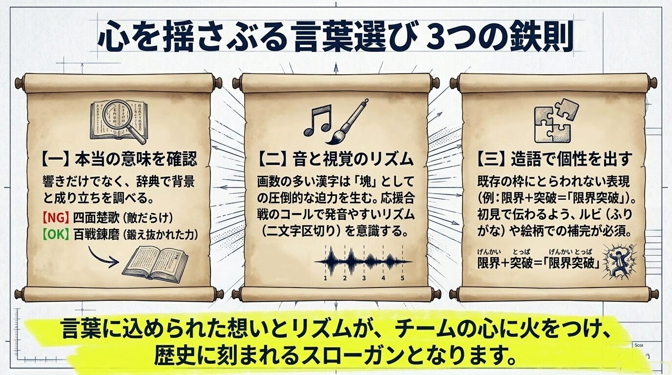意味の確認（例：百戦錬磨）、音と視覚のリズム、造語の活用（例：限界突破）という、言葉選びの3つのポイントを解説するスライド 。