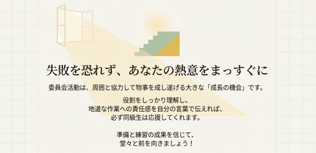 失敗を恐れず、あなたの熱意をまっすぐに。準備と練習の成果を信じて、堂々と前を向きましょうという応援メッセージ。