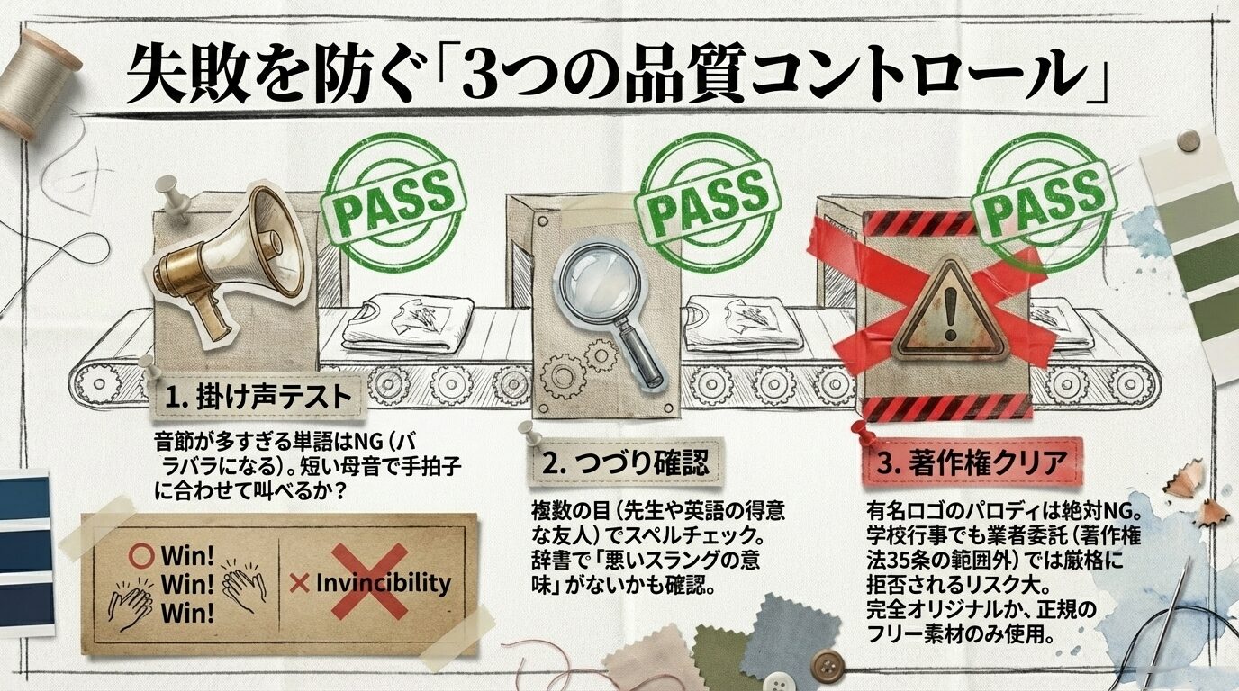 掛け声テスト、つづり確認、著作権クリアの3項目。パロディの禁止や権利確認の重要性を警告するチェックリスト