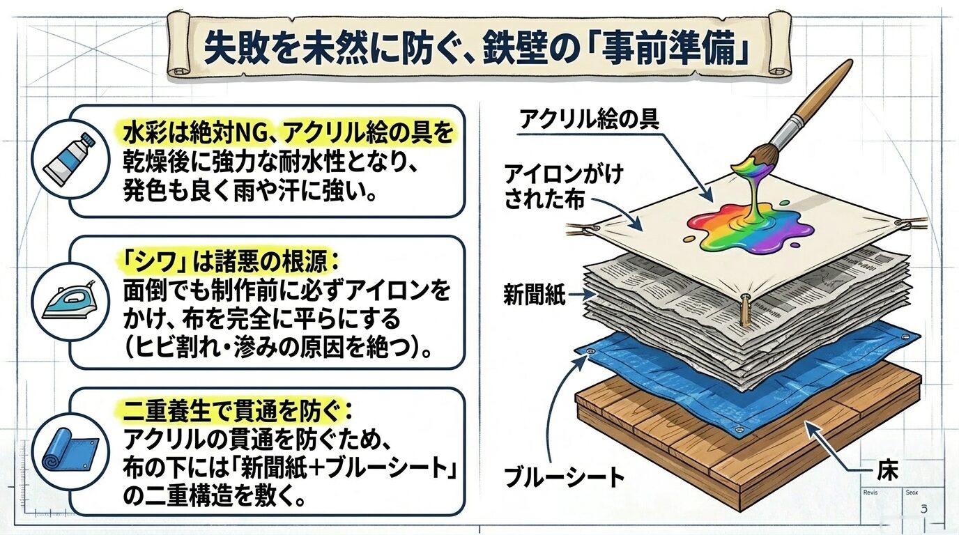 アクリル絵の具の使用、アイロンがけの重要性、および「ブルーシート＋新聞紙」による床の二重養生の手順を示すイラスト 。