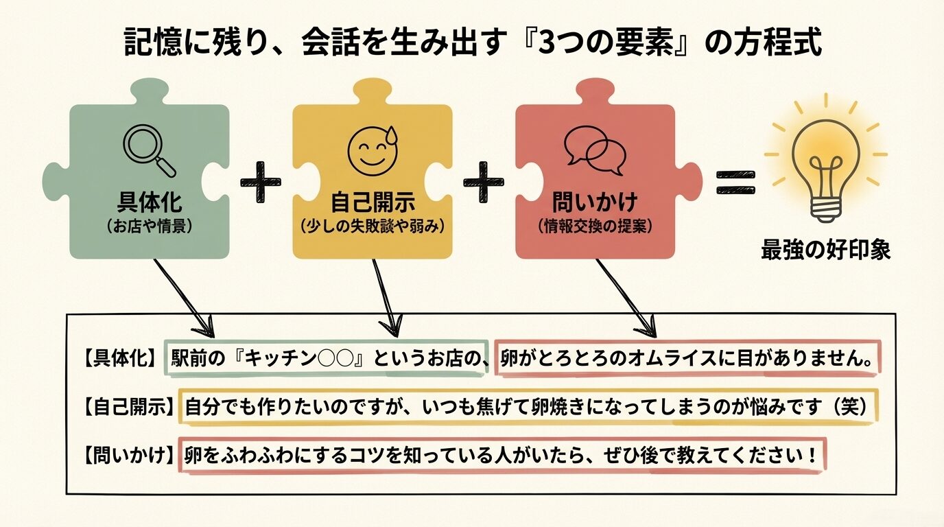 具体化、自己開示、問いかけをパズルのように組み合わせて最強の好印象を作る方程式の図解。