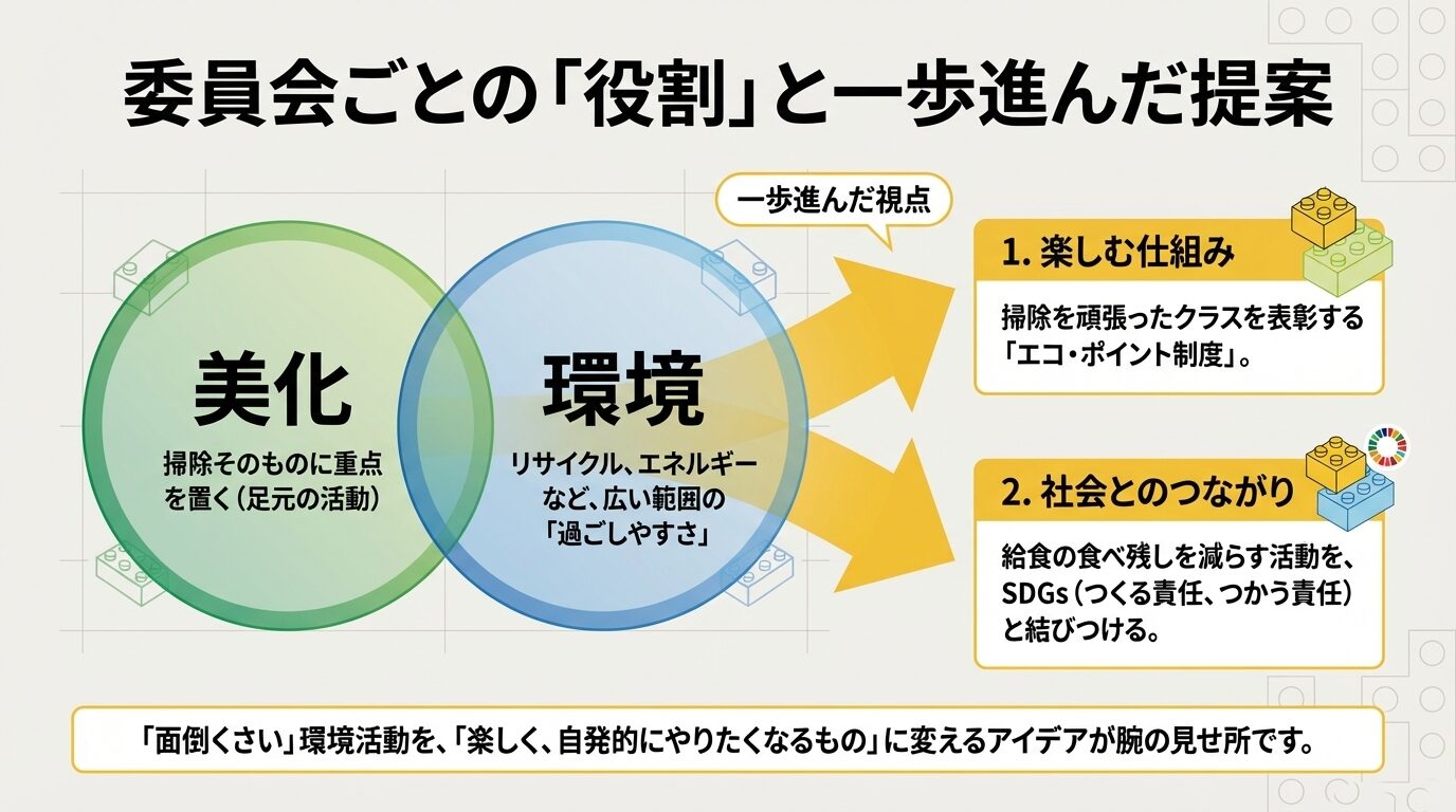 美化委員会と環境委員会の違いに加え、エコポイントやSDGsを活用した具体的な活動案のリスト。
