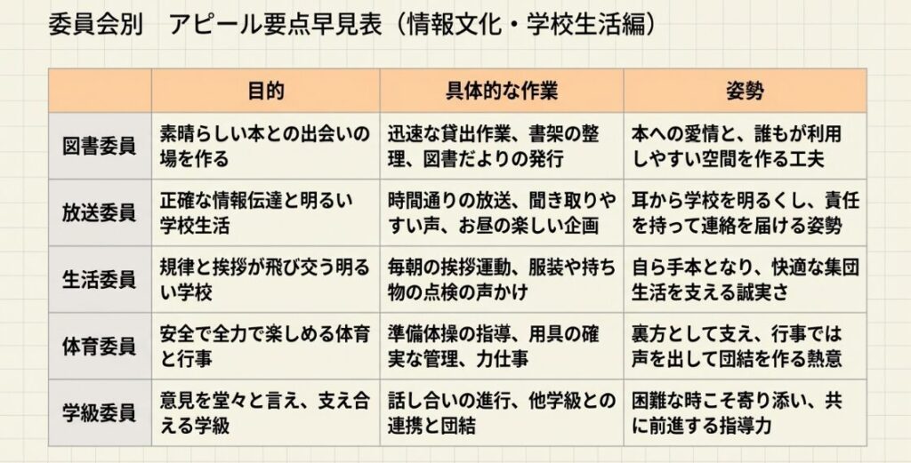 図書委員、放送委員、生活委員、体育委員、学級委員のアピール要点早見表。それぞれの目的、具体的な作業、スピーチでの姿勢をまとめた表。