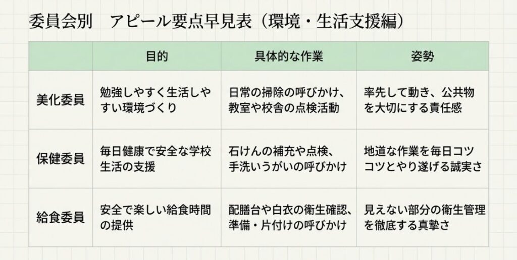 美化委員、保健委員、給食委員のアピール要点早見表。それぞれの目的、具体的な作業、スピーチでの姿勢をまとめた表。