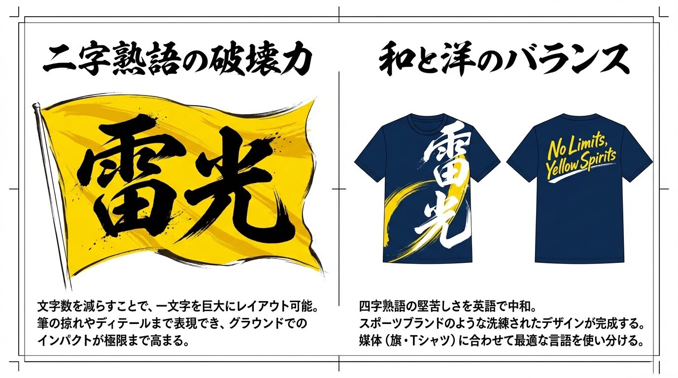 二字熟語「雷光」の巨大レイアウトと、英語スローガン「No Limits, Yellow Spirits」を組み合わせたTシャツ・旗のデザイン例。