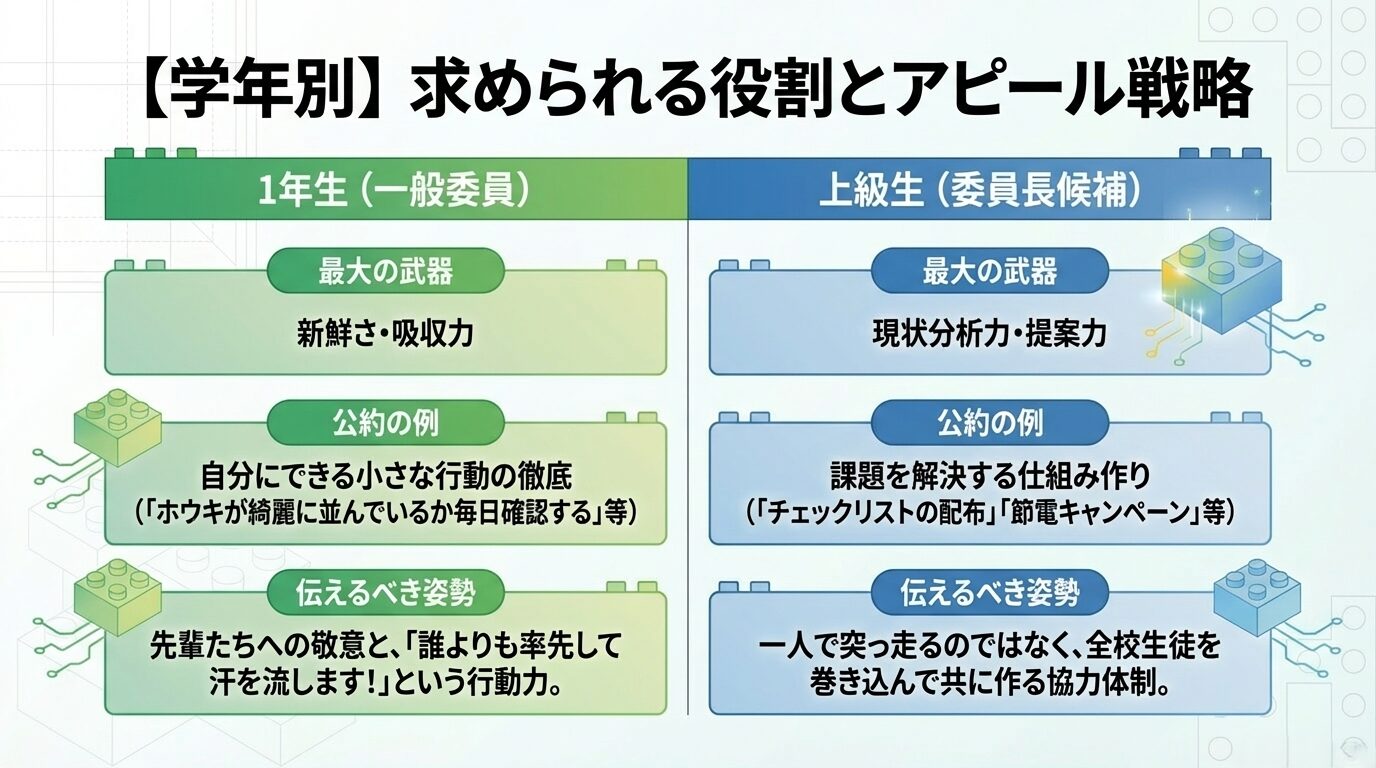 1年生（新鮮さ・行動力）と上級生（分析力・提案力）に求められる資質と公約例を対比させた表。