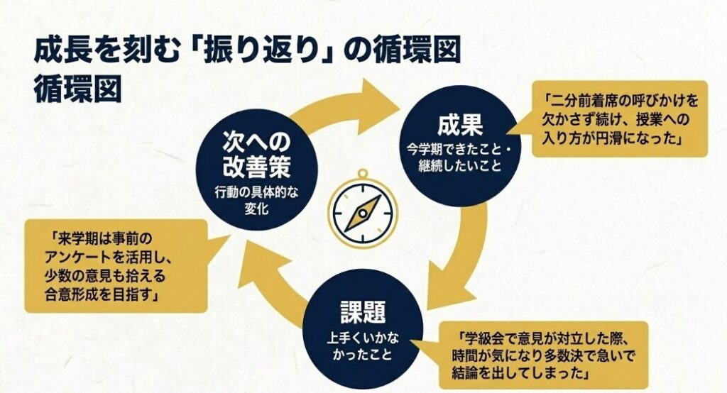 成果、課題、次への改善策を循環させる振り返りの具体的なフレームワーク図