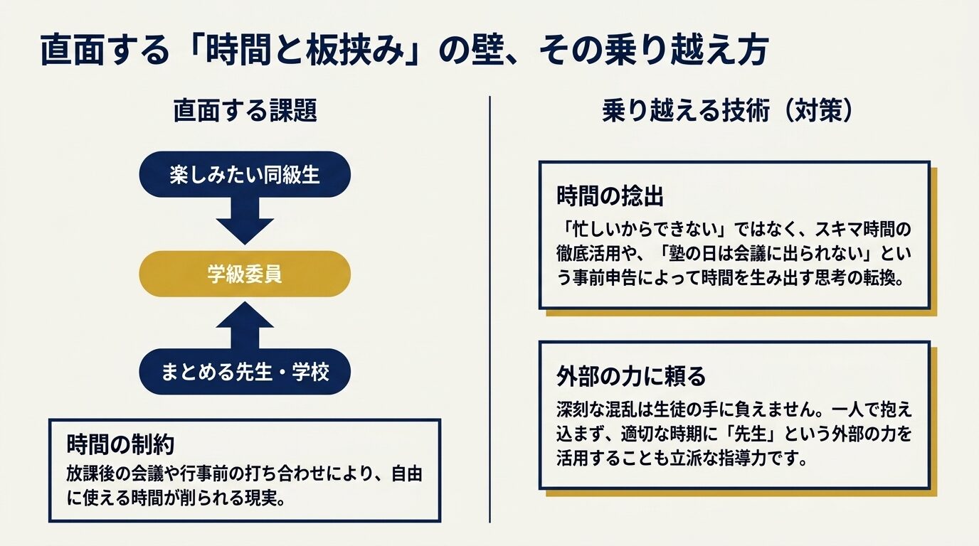 上から「楽しみたい同級生」、下から「まとめる先生・学校」の圧力を受ける学級委員の図。対策として「時間の捻出」や「外部の力（先生）に頼る」ことが挙げられている。