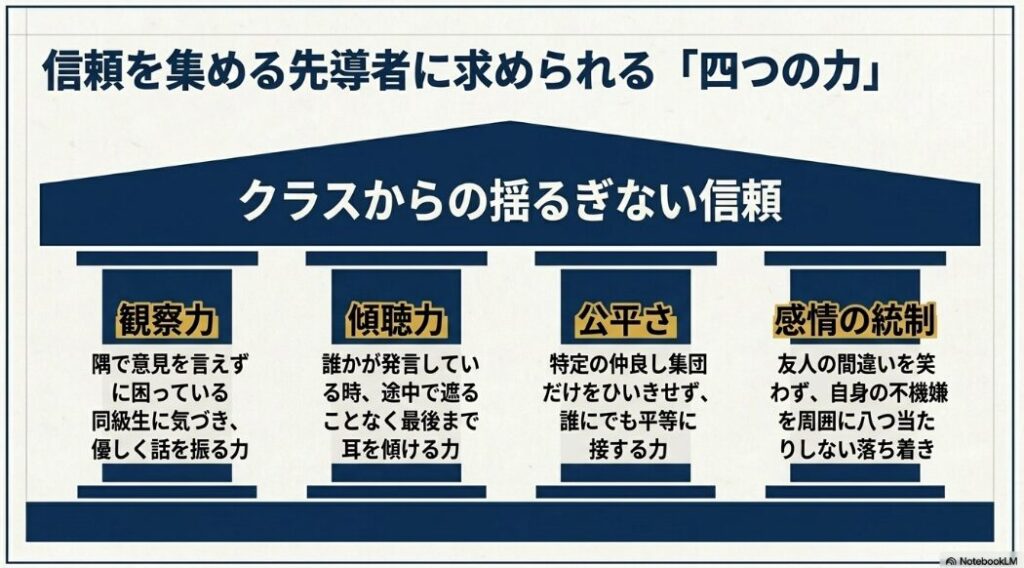 信頼を集める学級委員に求められる「観察力」「傾聴力」「公平さ」「感情の統制」の4つの力を解説した図