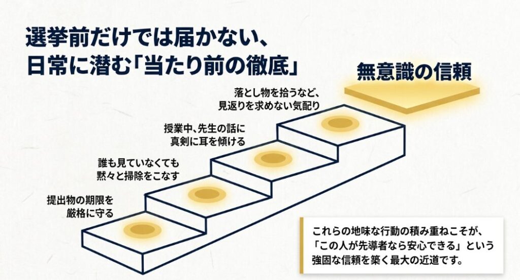 掃除や提出物の期限など、日常に潜む当たり前の徹底が無意識の信頼を生むことを示した図