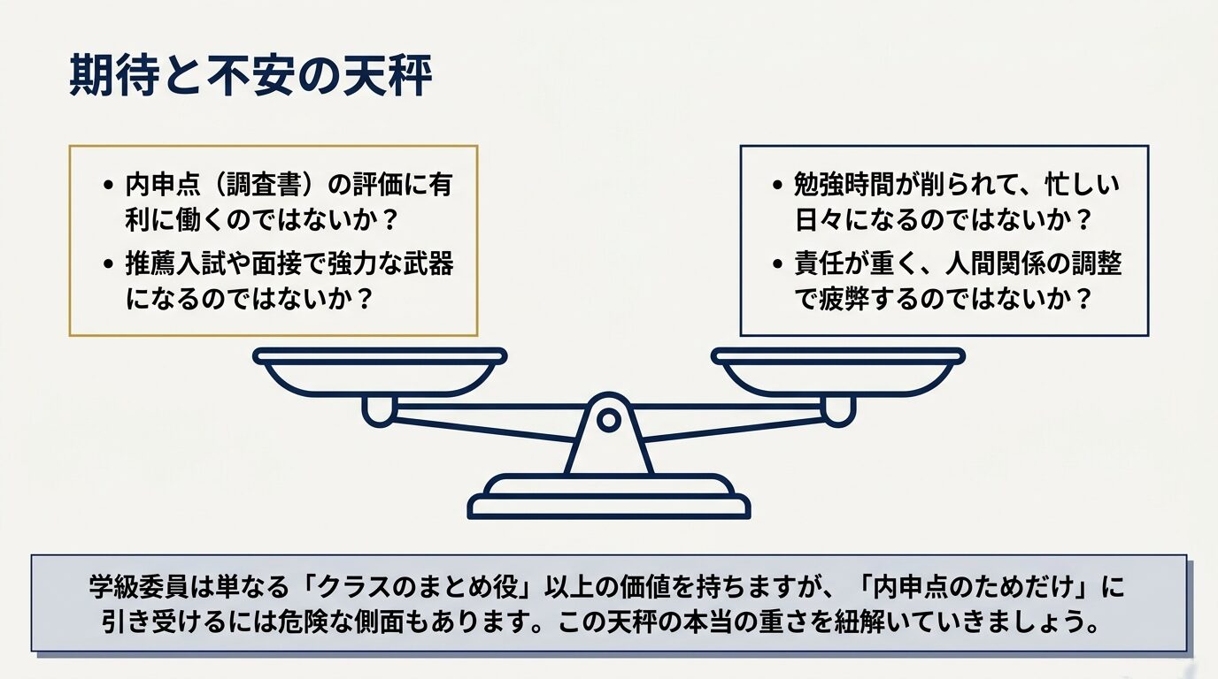 左側の皿に「内申点の評価」や「推薦入試の武器」、右側の皿に「勉強時間の減少」や「人間関係の疲弊」が載った天秤の図。学級委員に対する期待と不安が視覚化されている。